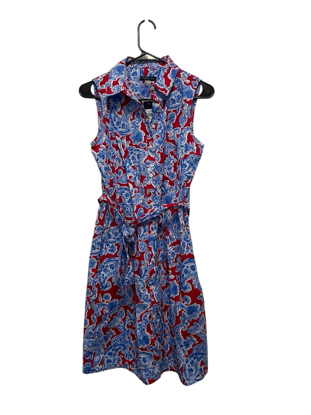 TOMMY HILFIGER Size 4 Paisley Cotton Shirt Dress POCKETS Sleeveless Red/Blue NEW